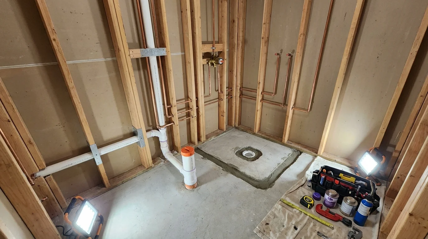 Bathroom rough-in plumbing during remodel by Johns Plumbing LLC in Wernersville