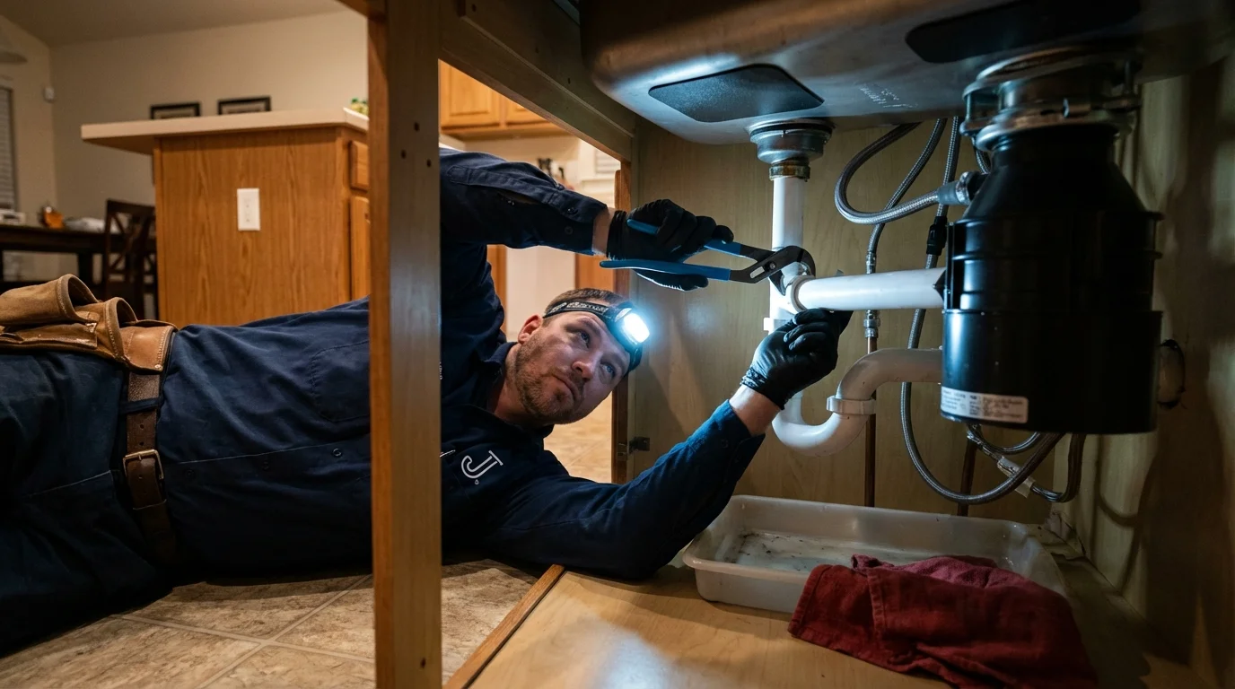 P-trap and supply line connections under a kitchen sink showing a common leak point in Wernersville, PA